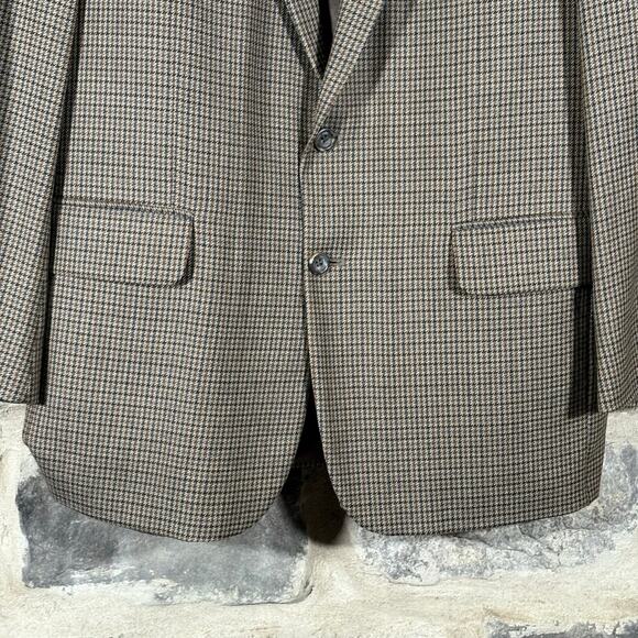 Oscar De La Renta Menswear Blazer 2 Button 42L Tan‎ Wool Houndstooth Office Work - Picture 4 of 15